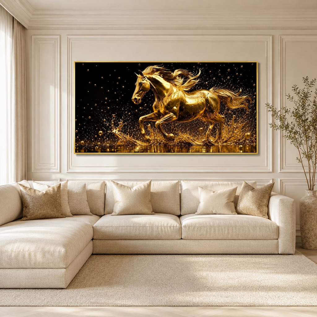 Golden Galloping Horse 3D Wall Painting Premium Luxury Living Room Decor