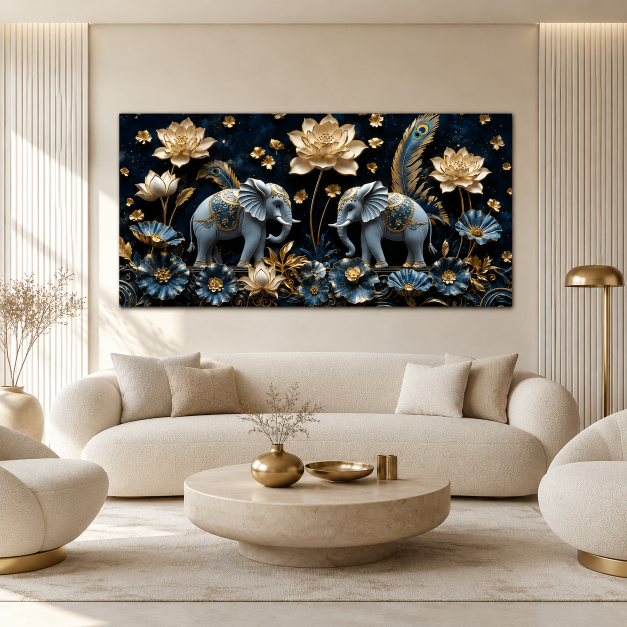 Luxury 3D Elephant Painting with Blue Flowers and Golden Lotus Floral Wall Art