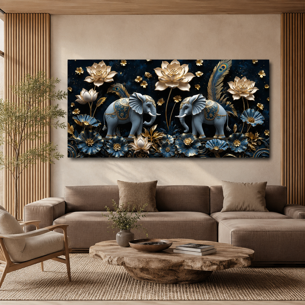 Luxury 3D Elephant Painting with Blue Flowers and Golden Lotus Floral Wall Art