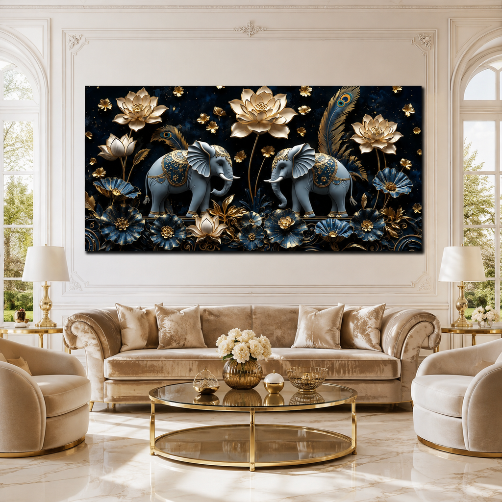 Luxury 3D Elephant Painting with Blue Flowers and Golden Lotus Floral Wall Art