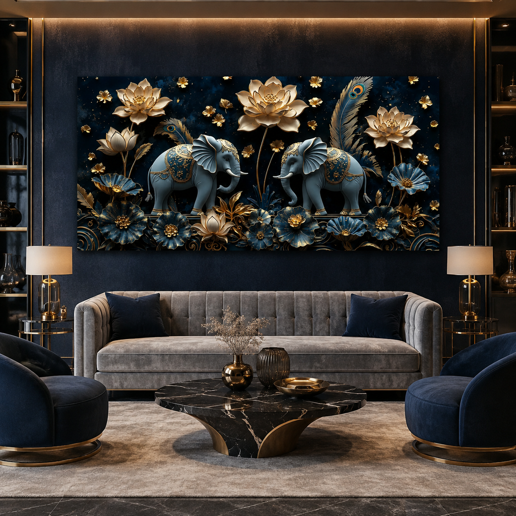 Luxury 3D Elephant Painting with Blue Flowers and Golden Lotus Floral Wall Art