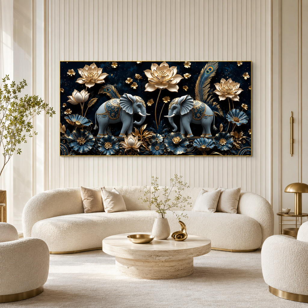 Luxury 3D Elephant Painting with Blue Flowers and Golden Lotus Floral Wall Art