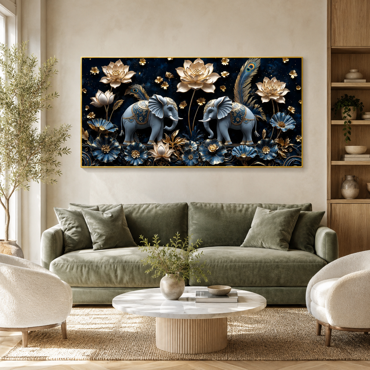 Luxury 3D Elephant Painting with Blue Flowers and Golden Lotus Floral Wall Art
