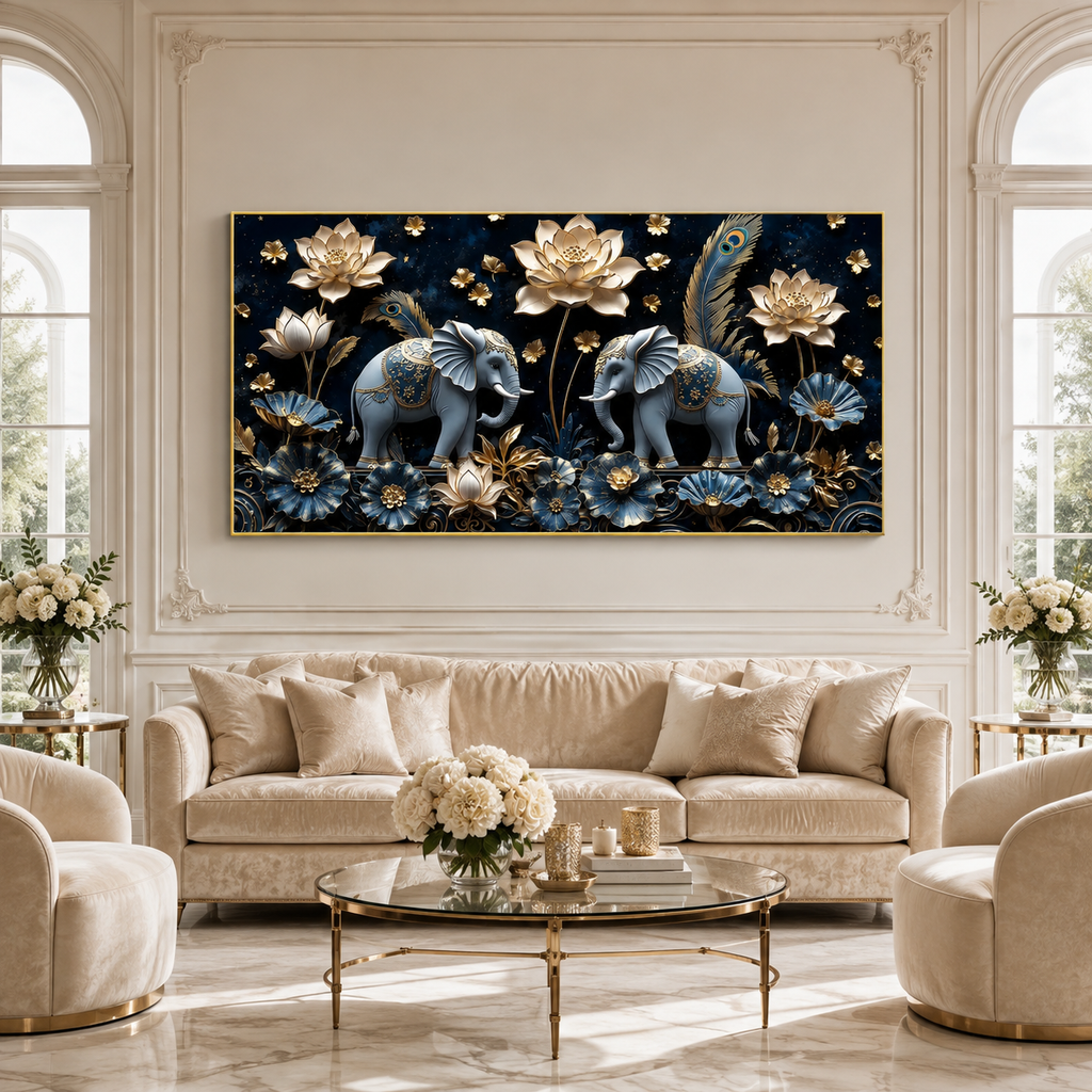 Luxury 3D Elephant Painting with Blue Flowers and Golden Lotus Floral Wall Art