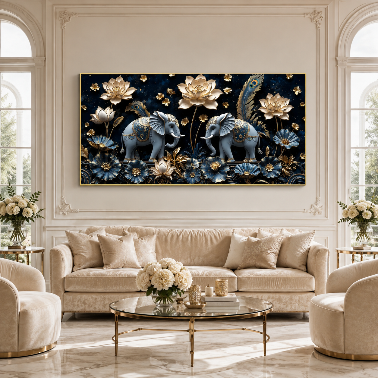 Luxury 3D Elephant Painting with Blue Flowers and Golden Lotus Floral Wall Art