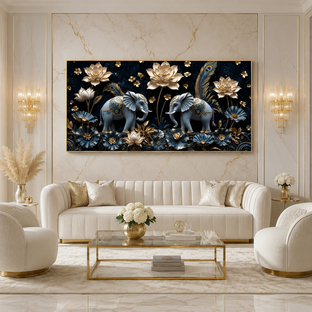 Luxury 3D Elephant Painting with Blue Flowers and Golden Lotus Floral Wall Art