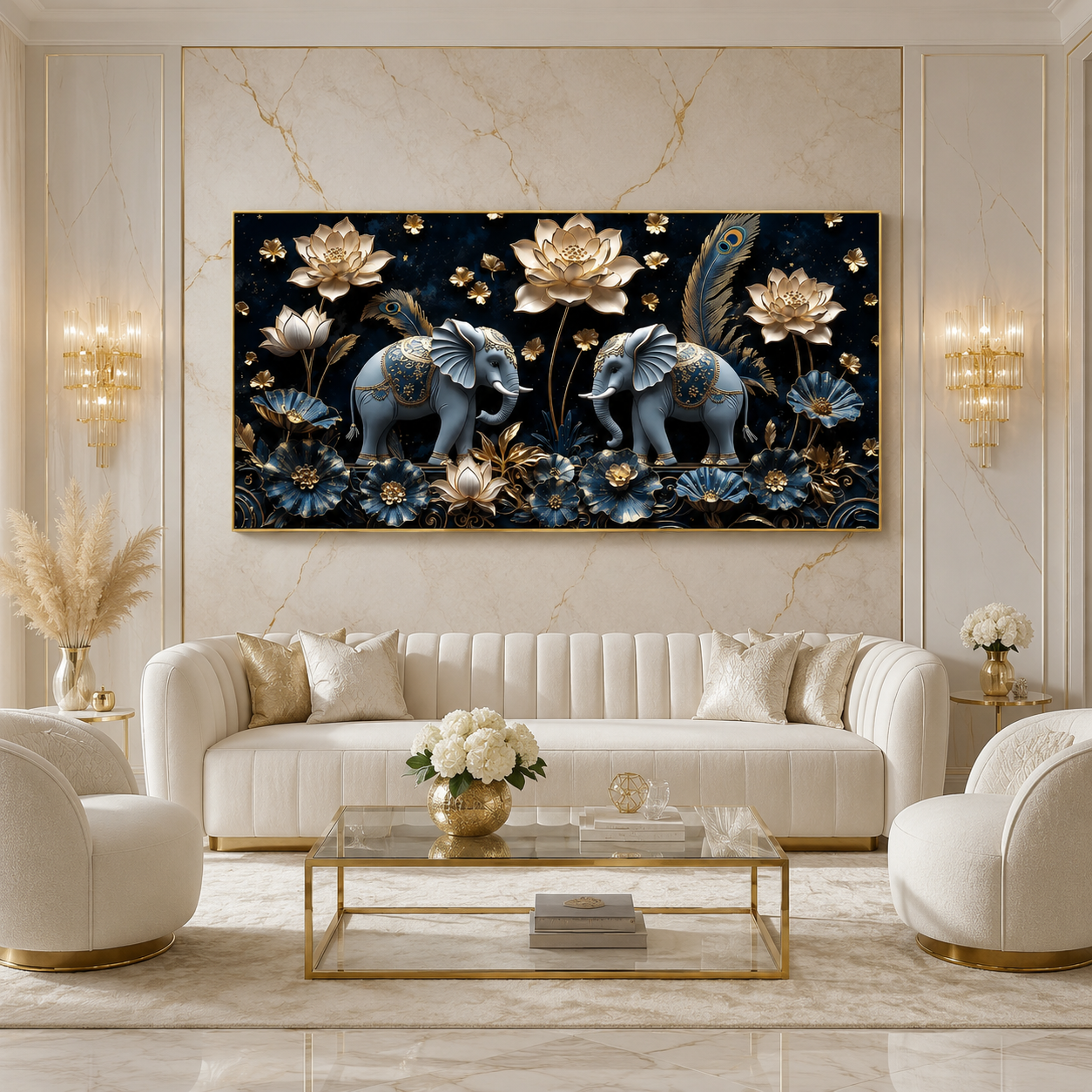 Luxury 3D Elephant Painting with Blue Flowers and Golden Lotus Floral Wall Art
