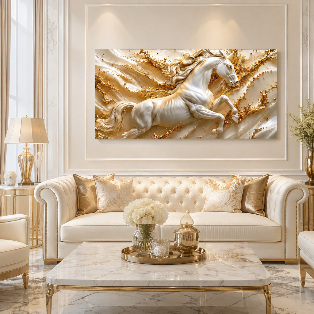 Modern 3D Galloping Horse Wall Painting with White Horse Sculpture Effect for Home Interior