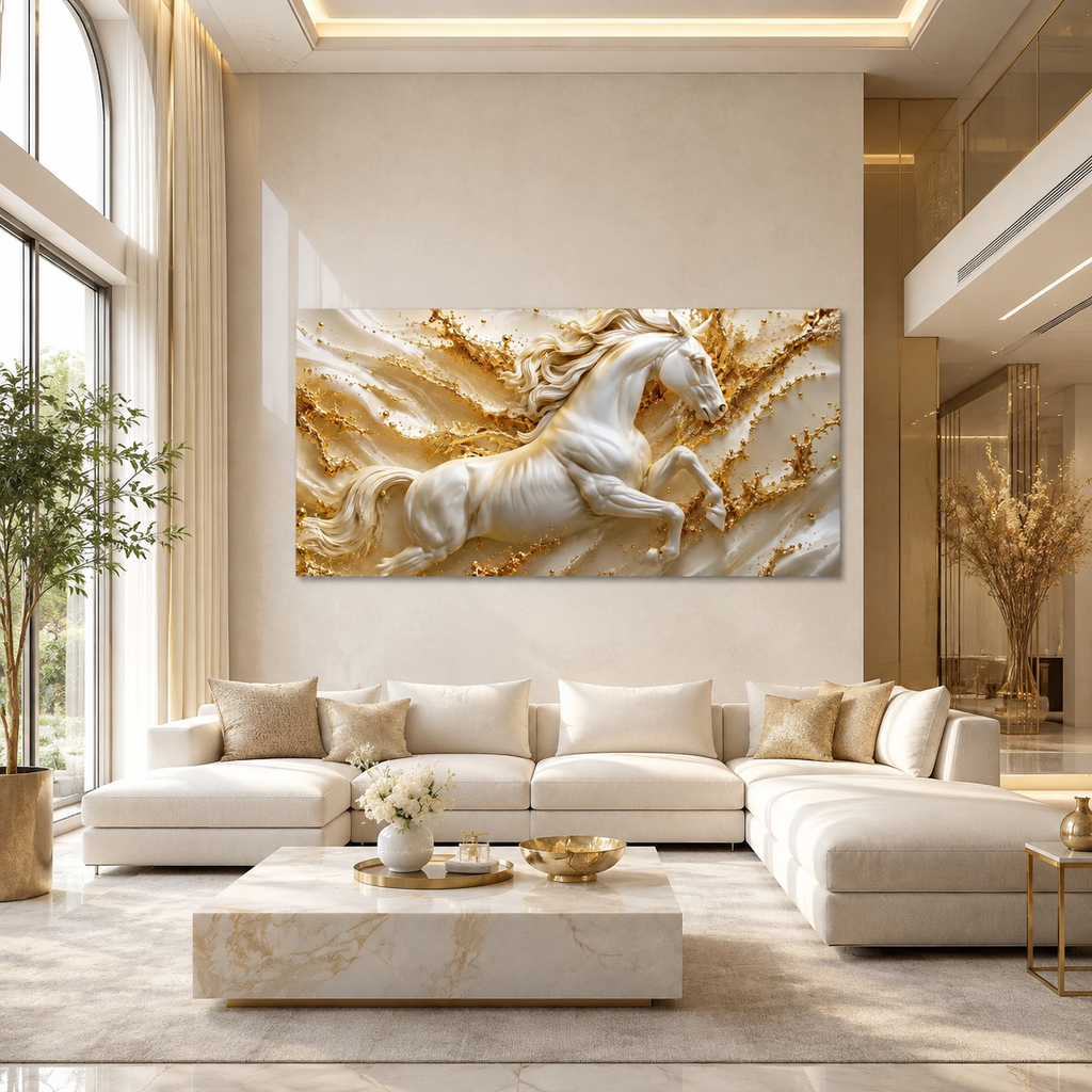 Modern 3D Galloping Horse Wall Painting with White Horse Sculpture Effect for Home Interior