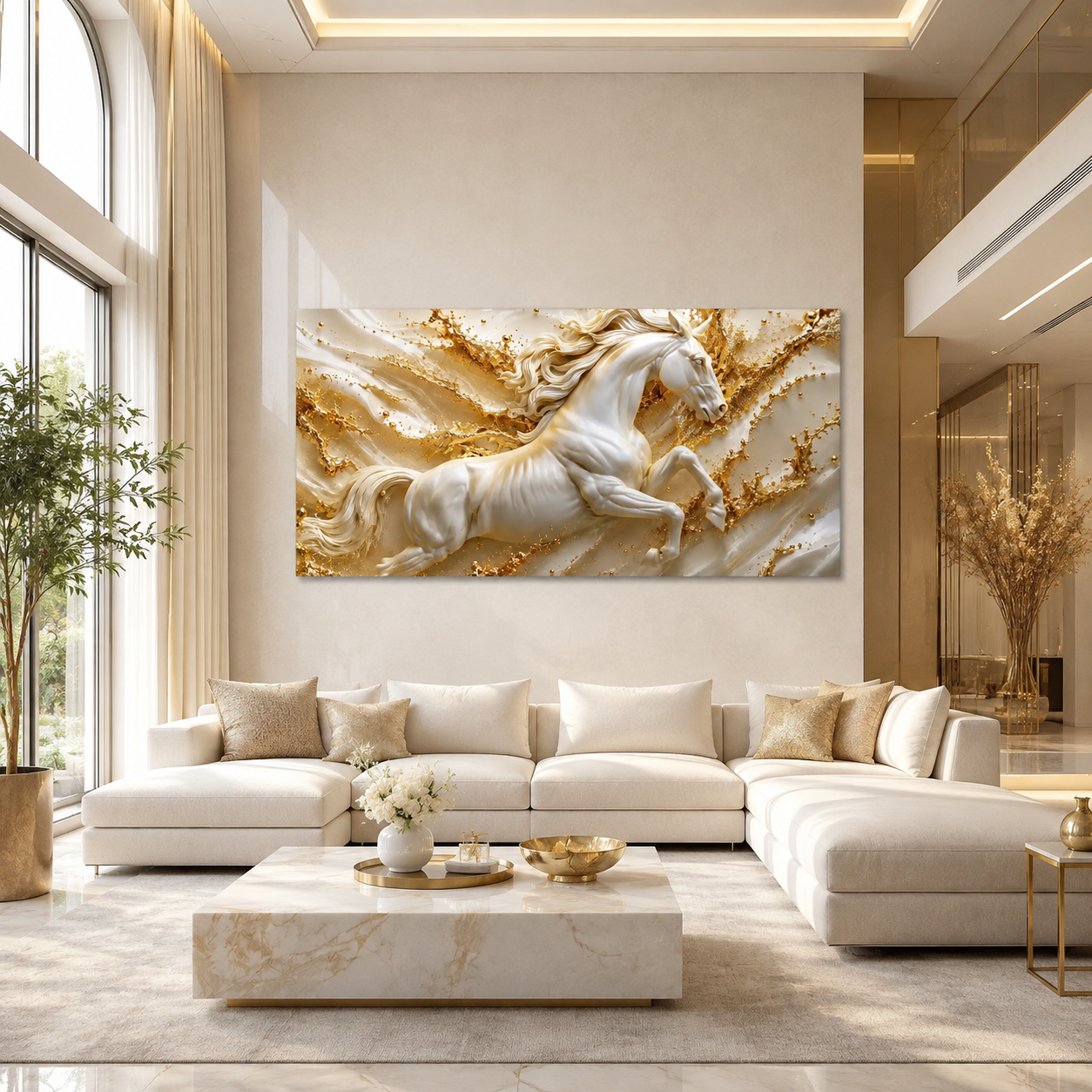 Modern 3D Galloping Horse Wall Painting with White Horse Sculpture Effect for Home Interior