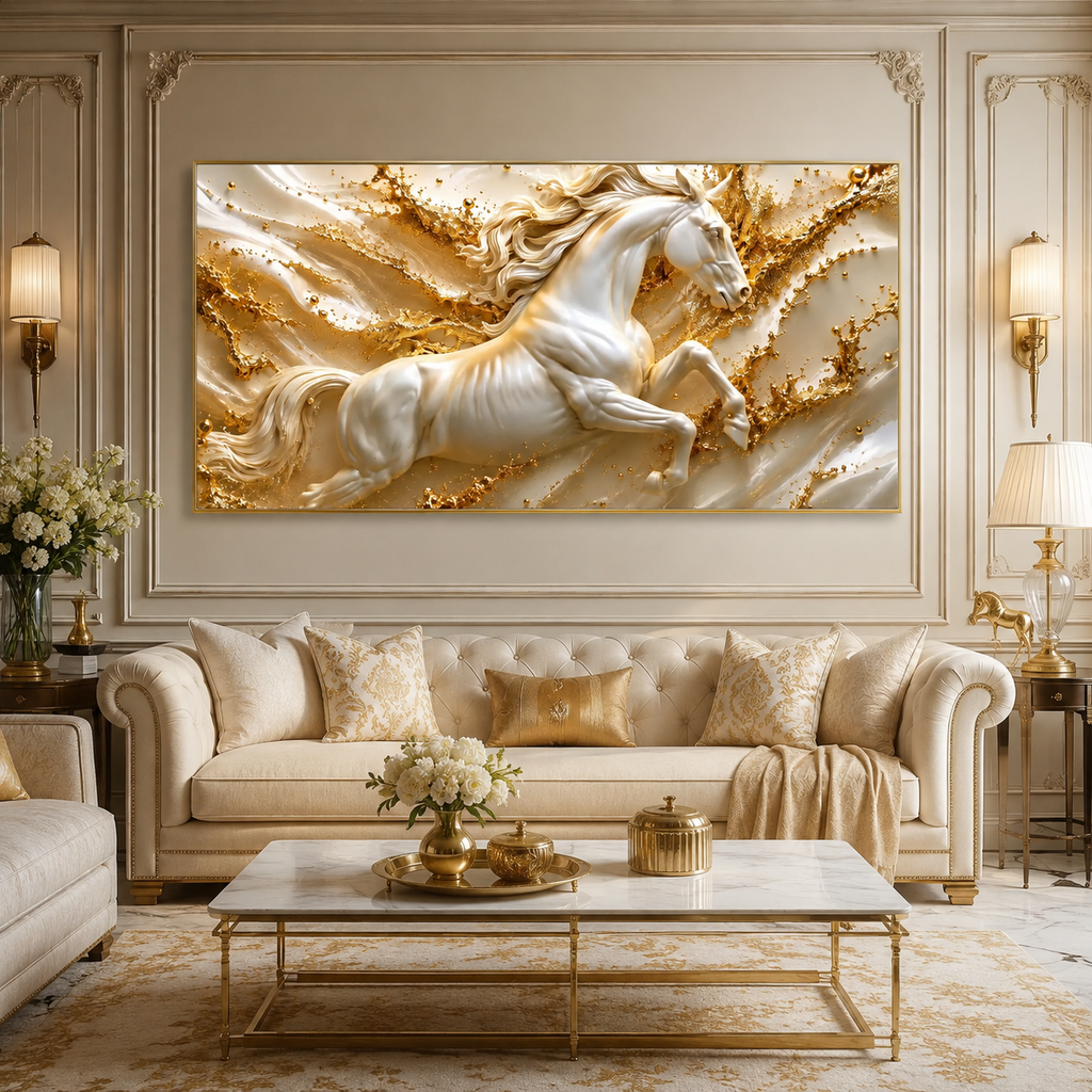 Modern 3D Galloping Horse Wall Painting with White Horse Sculpture Effect for Home Interior