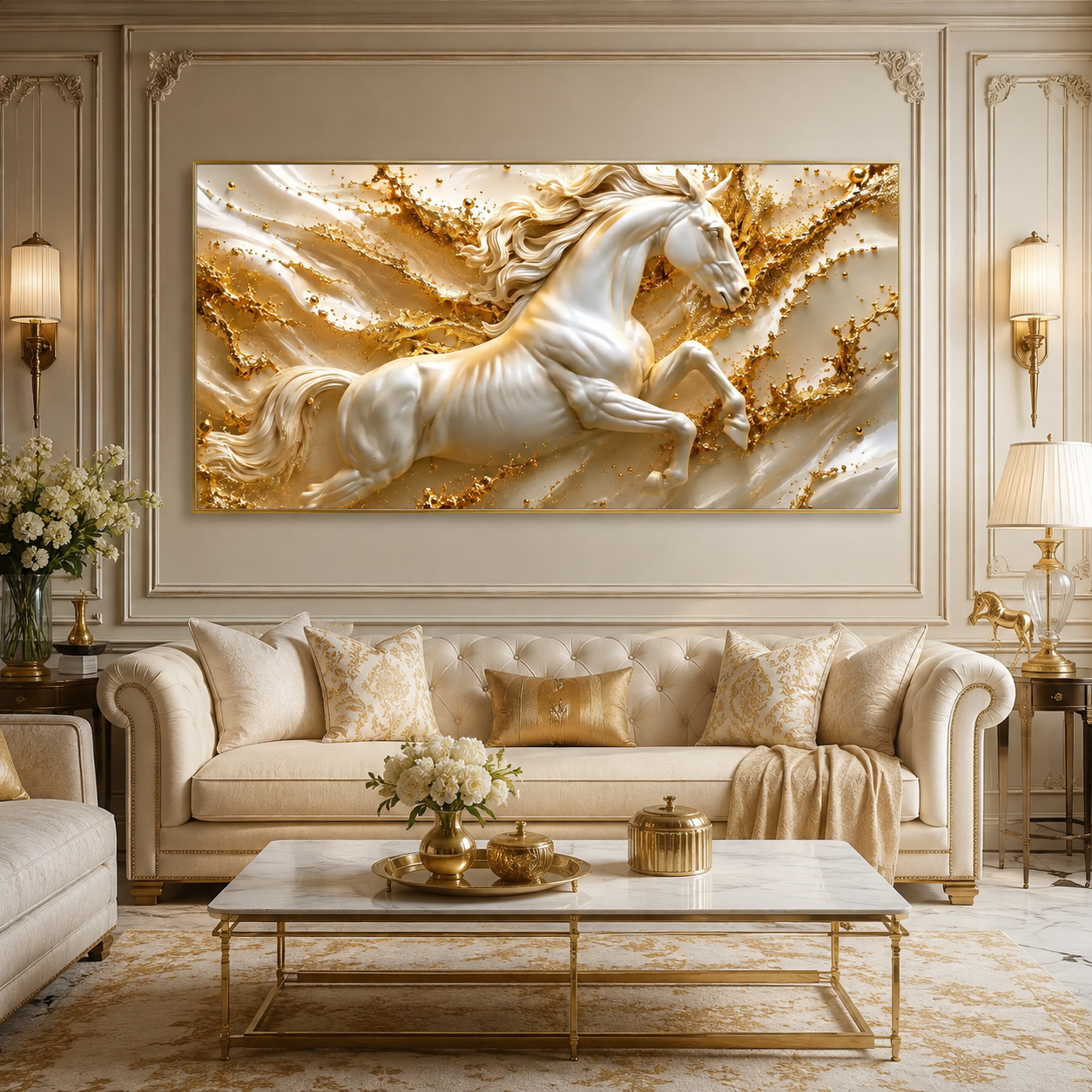 Modern 3D Galloping Horse Wall Painting with White Horse Sculpture Effect for Home Interior
