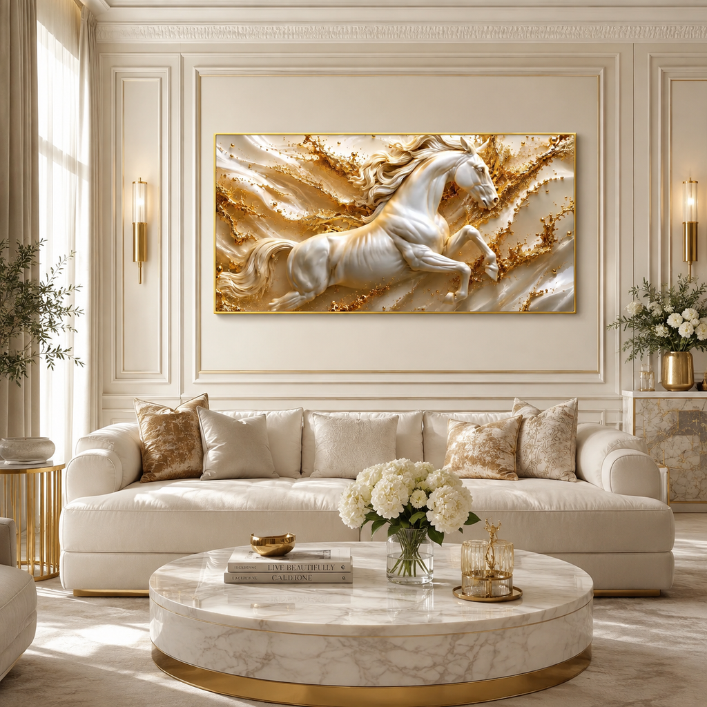 Modern 3D Galloping Horse Wall Painting with White Horse Sculpture Effect for Home Interior