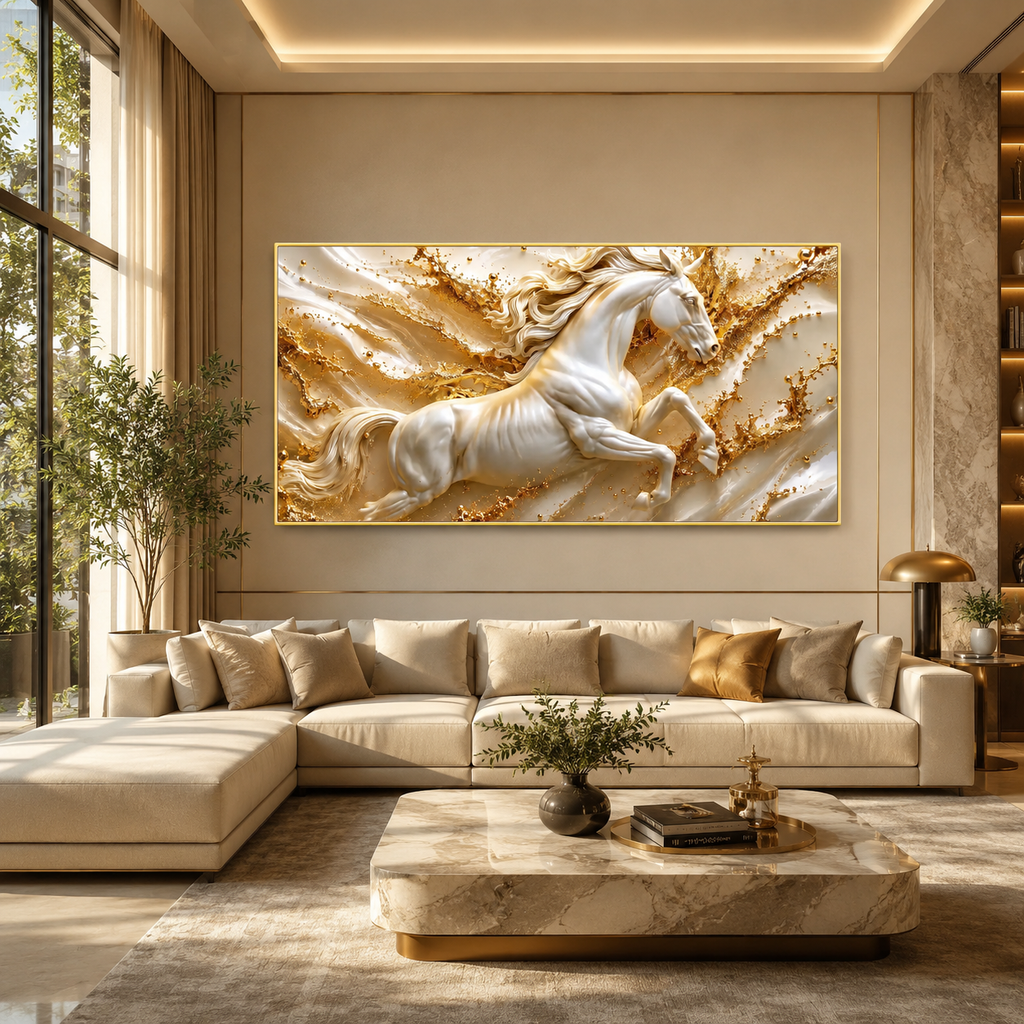 Modern 3D Galloping Horse Wall Painting with White Horse Sculpture Effect for Home Interior