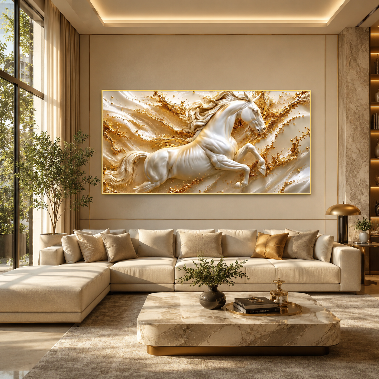 Modern 3D Galloping Horse Wall Painting with White Horse Sculpture Effect for Home Interior