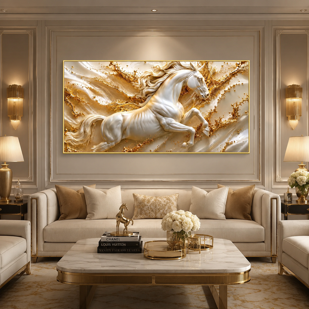 Modern 3D Galloping Horse Wall Painting with White Horse Sculpture Effect for Home Interior