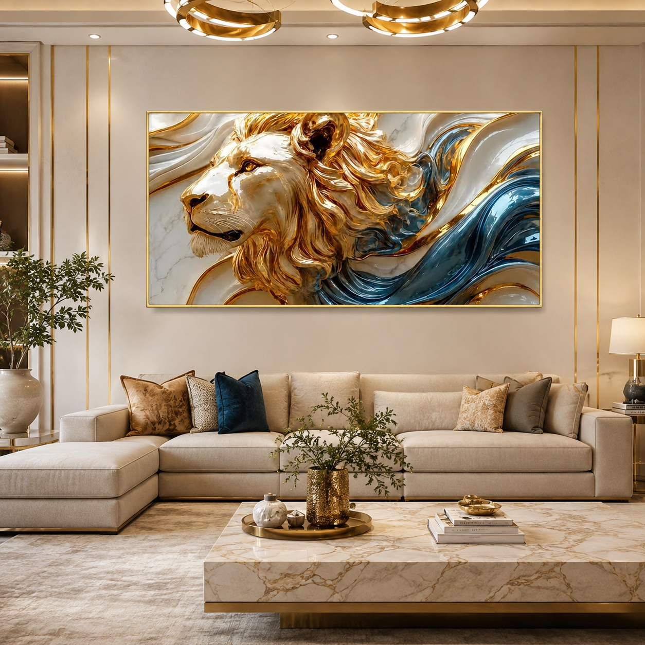 Luxury 3D Lion Wall Painting with Blue Abstract Waves and Premium Artistic Details for Modern Home Decor