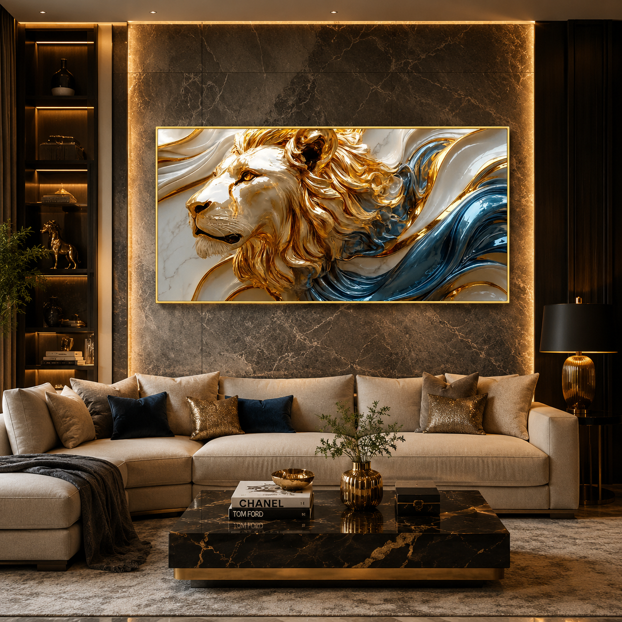 Luxury 3D Lion Wall Painting with Blue Abstract Waves and Premium Artistic Details for Modern Home Decor