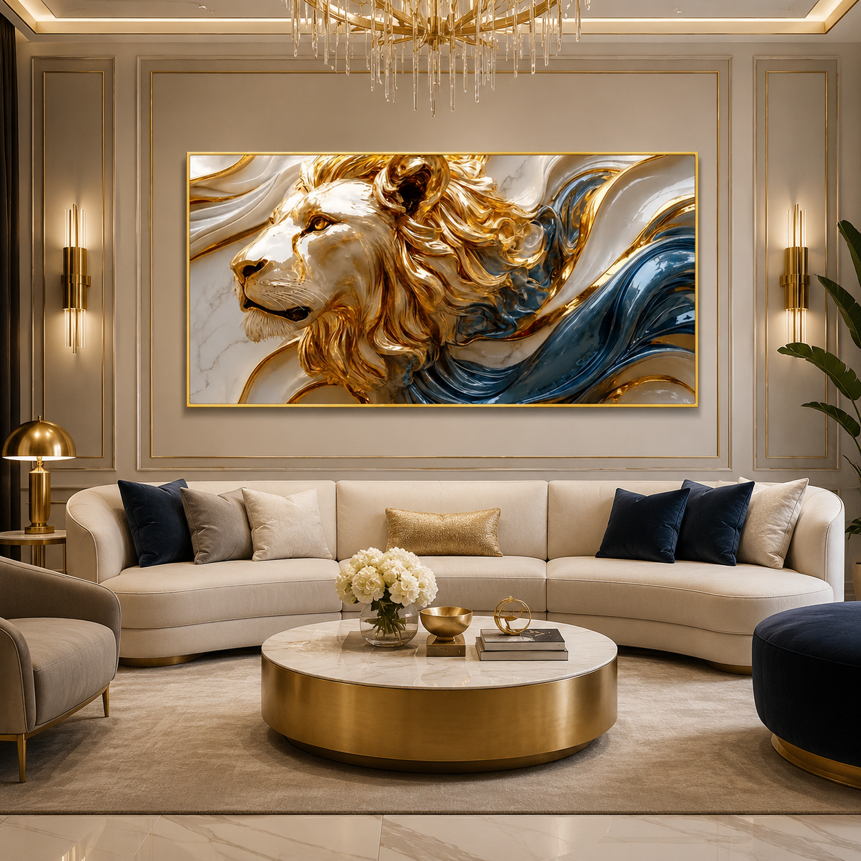 Luxury 3D Lion Wall Painting with Blue Abstract Waves and Premium Artistic Details for Modern Home Decor