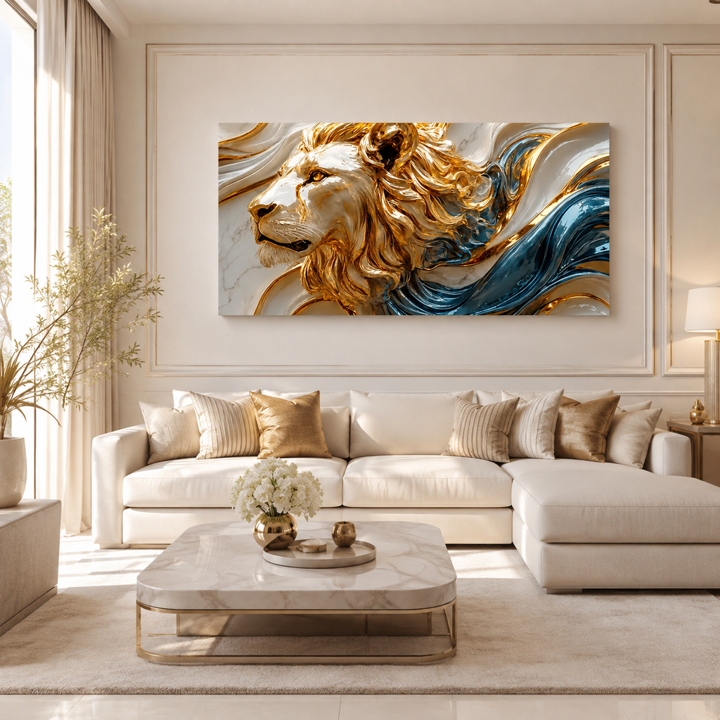 Luxury 3D Lion Wall Painting with Blue Abstract Waves and Premium Artistic Details for Modern Home Decor