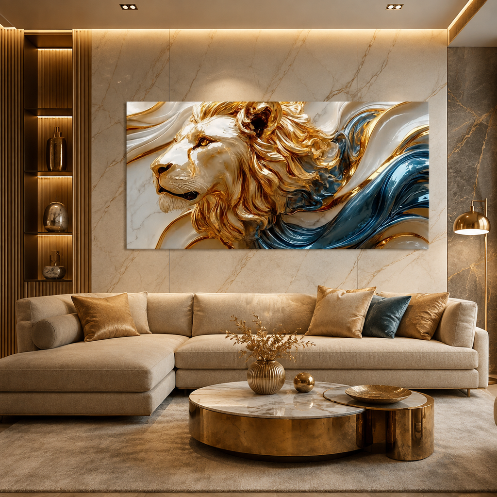 Luxury 3D Lion Wall Painting with Blue Abstract Waves and Premium Artistic Details for Modern Home Decor