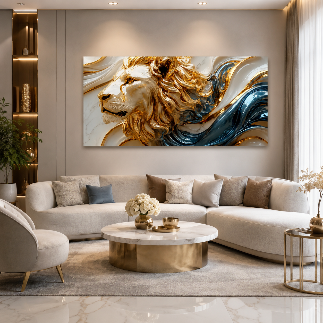 Luxury 3D Lion Wall Painting with Blue Abstract Waves and Premium Artistic Details for Modern Home Decor