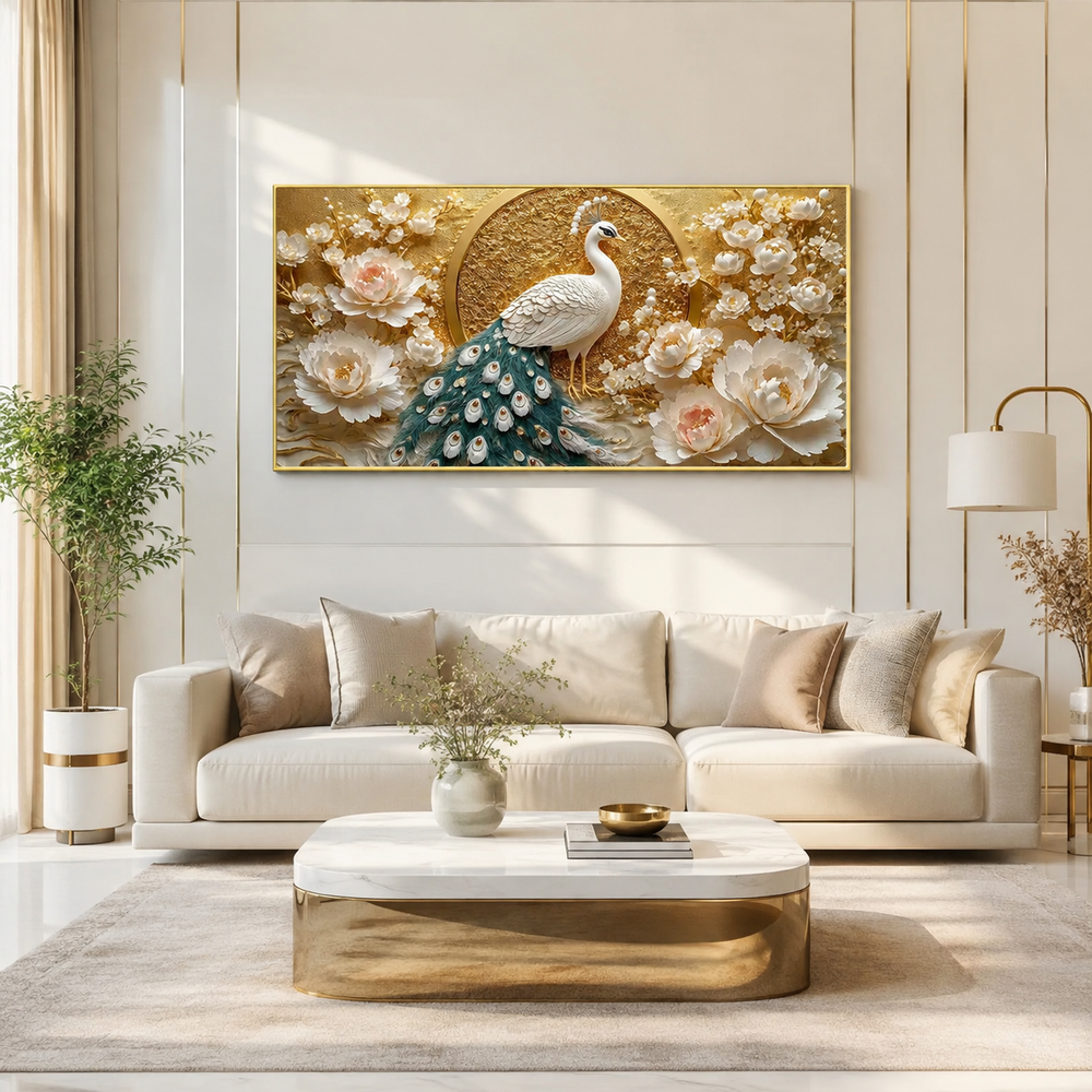 Beautiful 3D Peacock Painting with Rich Blue Green Feather Wall Decor for Living Room