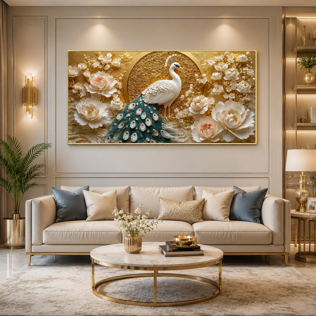 Beautiful 3D Peacock Painting with Rich Blue Green Feather Wall Decor for Living Room