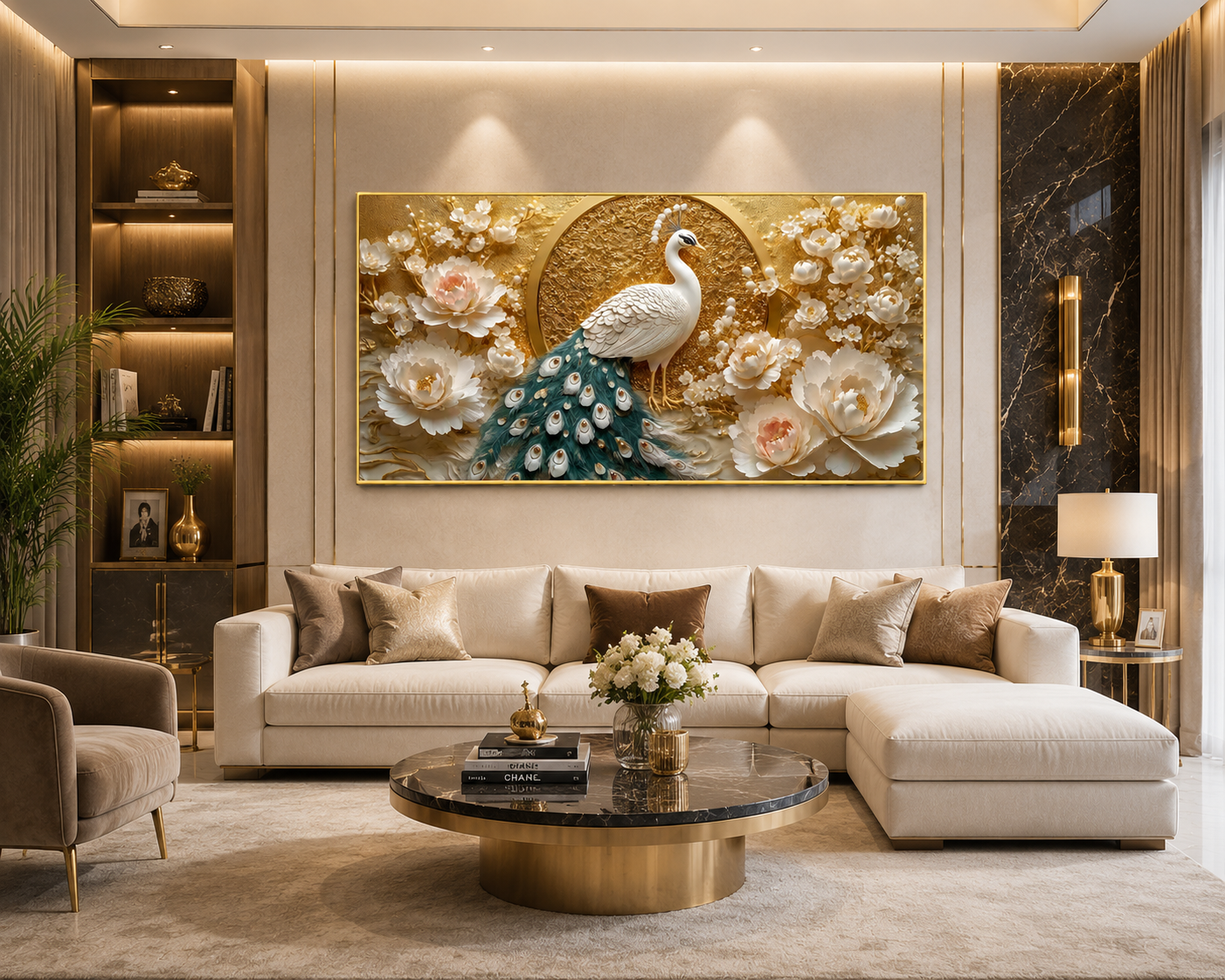 Beautiful 3D Peacock Painting with Rich Blue Green Feather Wall Decor for Living Room