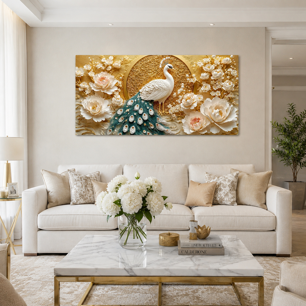 Beautiful 3D Peacock Painting with Rich Blue Green Feather Wall Decor for Living Room