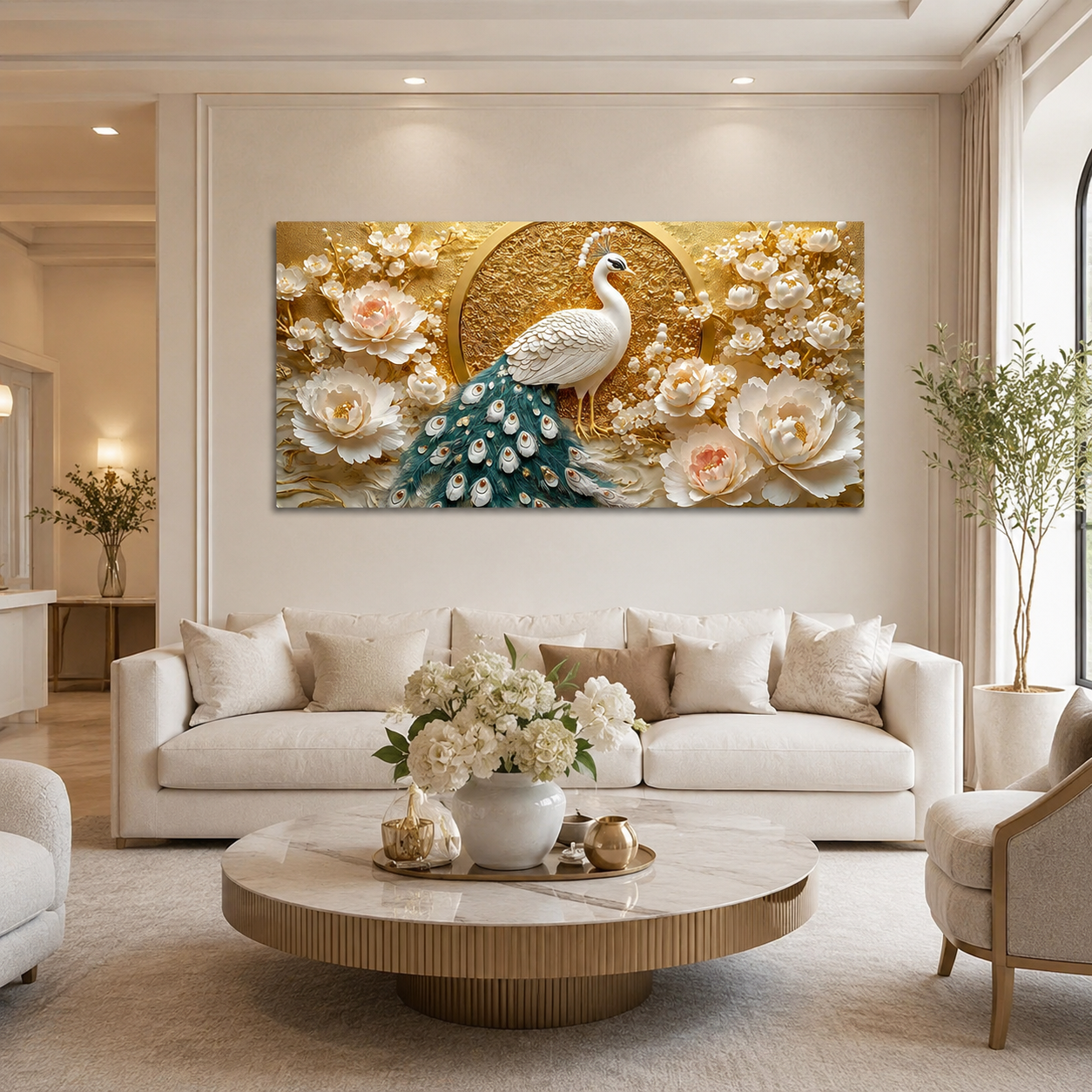 Beautiful 3D Peacock Painting with Rich Blue Green Feather Wall Decor for Living Room