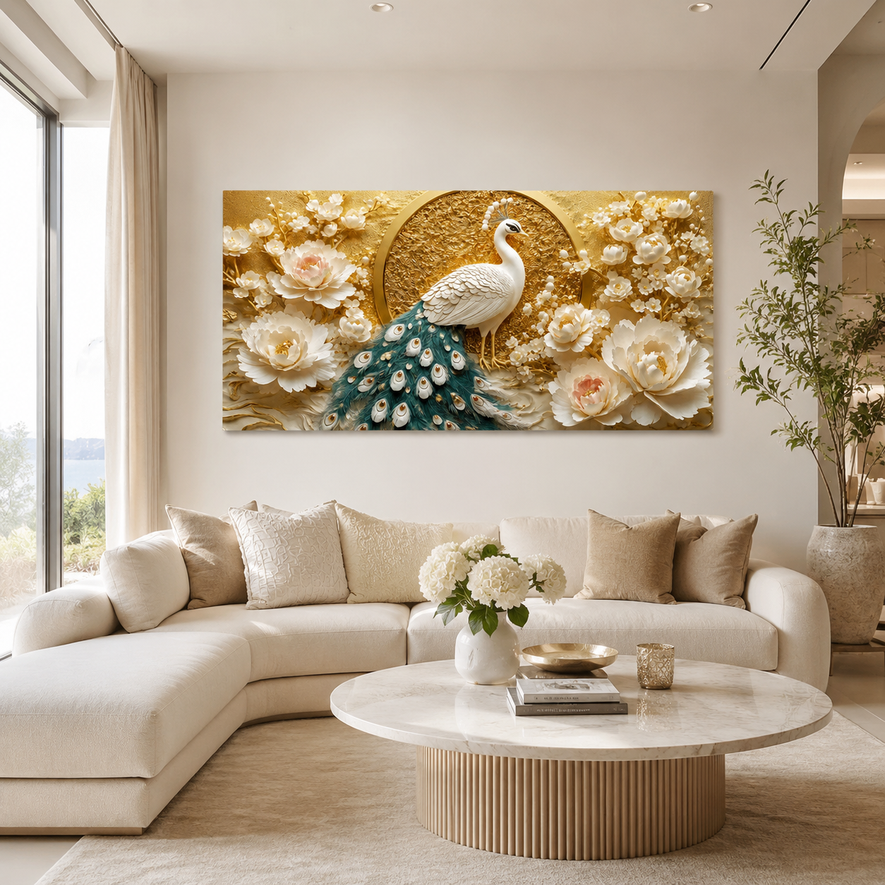 Beautiful 3D Peacock Painting with Rich Blue Green Feather Wall Decor for Living Room