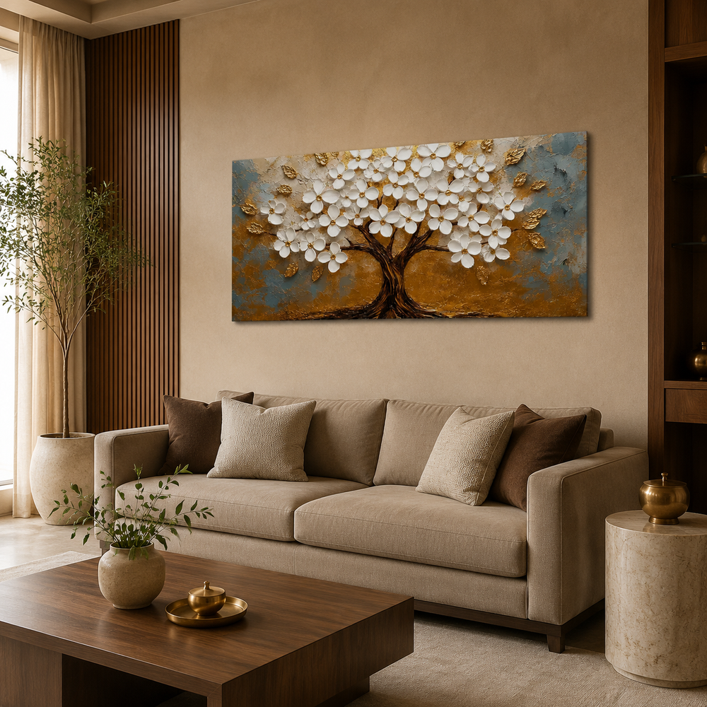 Luxury Golden Floral Tree 3D Embossed Canvas Decor Frame Home