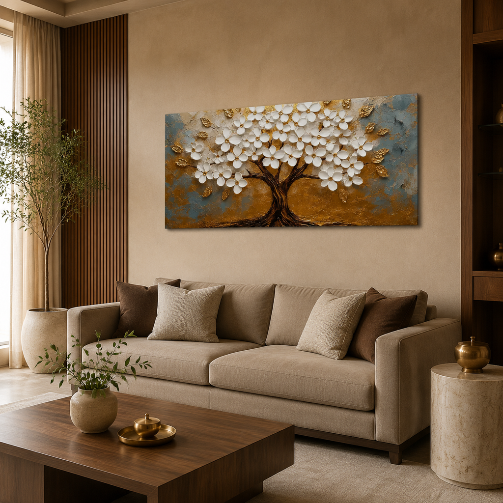 Luxury Golden Floral Tree 3D Embossed Canvas Decor Frame Home
