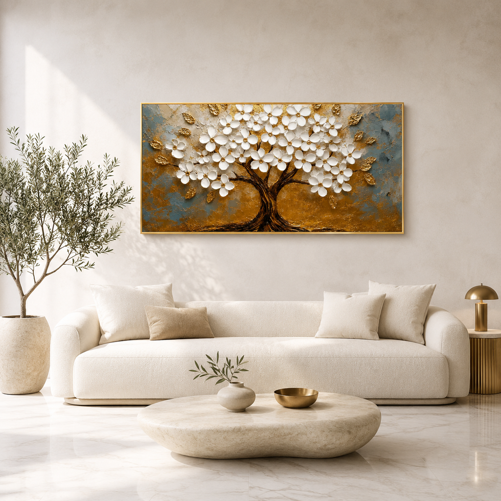 Luxury Golden Floral Tree 3D Embossed Canvas Decor Frame Home