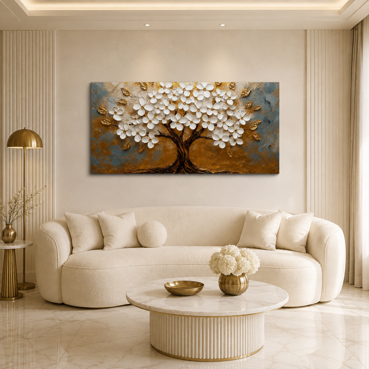 Luxury Golden Floral Tree 3D Embossed Canvas Decor Frame Home