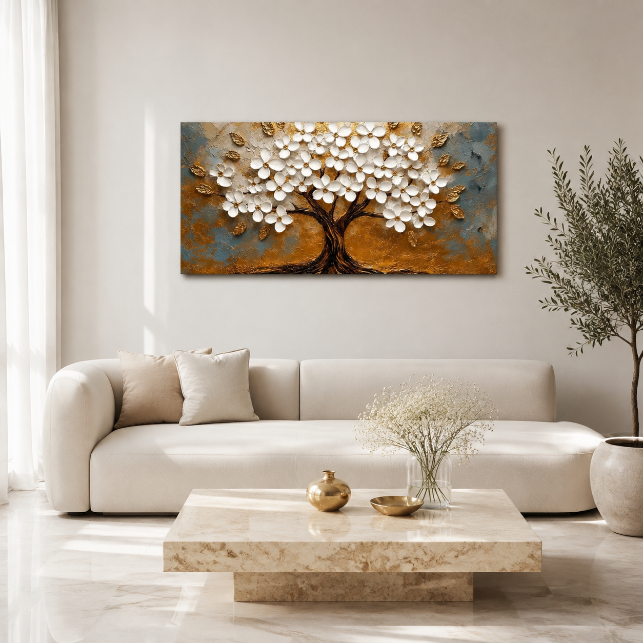 Luxury Golden Floral Tree 3D Embossed Canvas Decor Frame Home