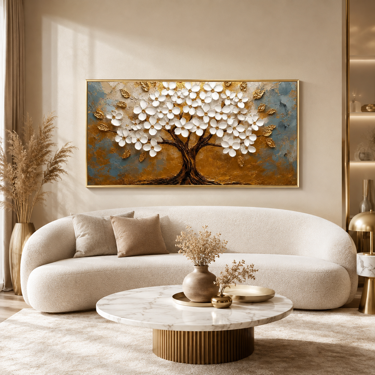 Luxury Golden Floral Tree 3D Embossed Canvas Decor Frame Home