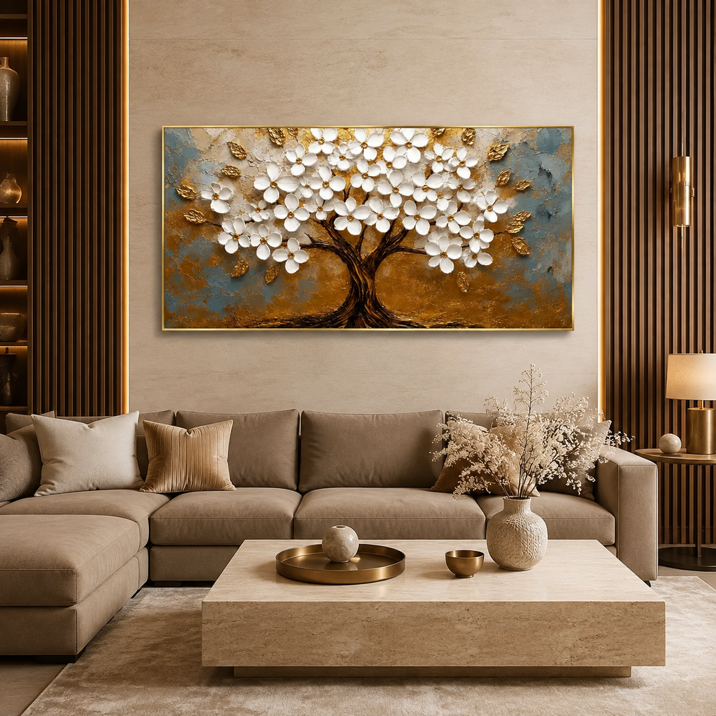 Luxury Golden Floral Tree 3D Embossed Canvas Decor Frame Home