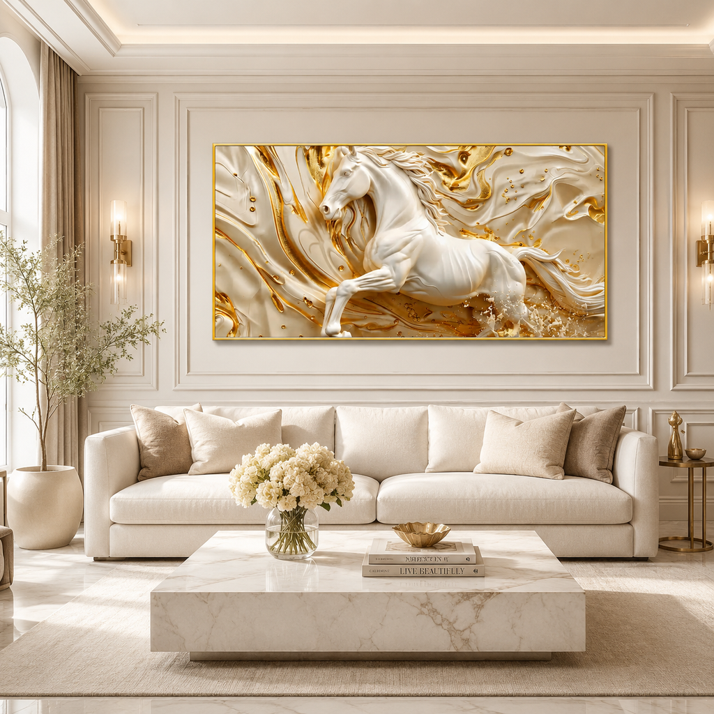 Luxury White Horse Acrylic Wall Art with Golden Abstract Marble Design for Elegant Living Room