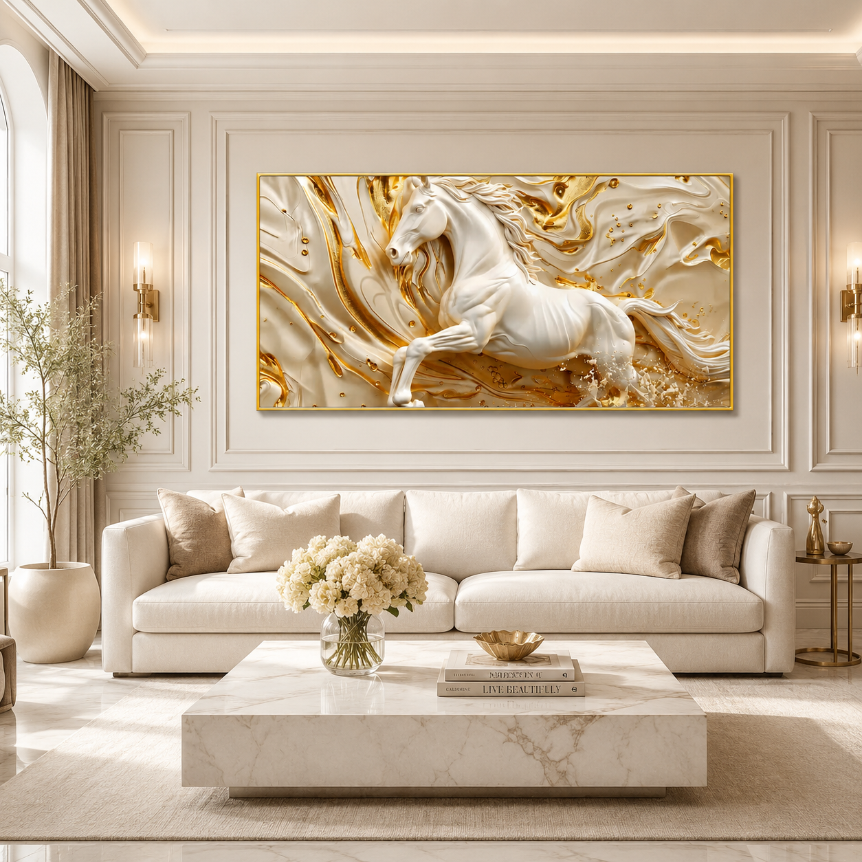 Luxury White Horse Acrylic Wall Art with Golden Abstract Marble Design for Elegant Living Room