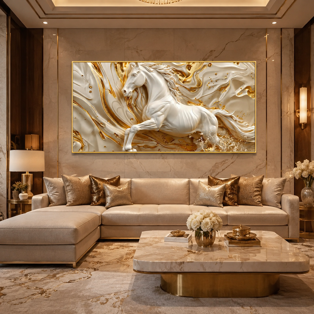 Luxury White Horse Acrylic Wall Art with Golden Abstract Marble Design for Elegant Living Room