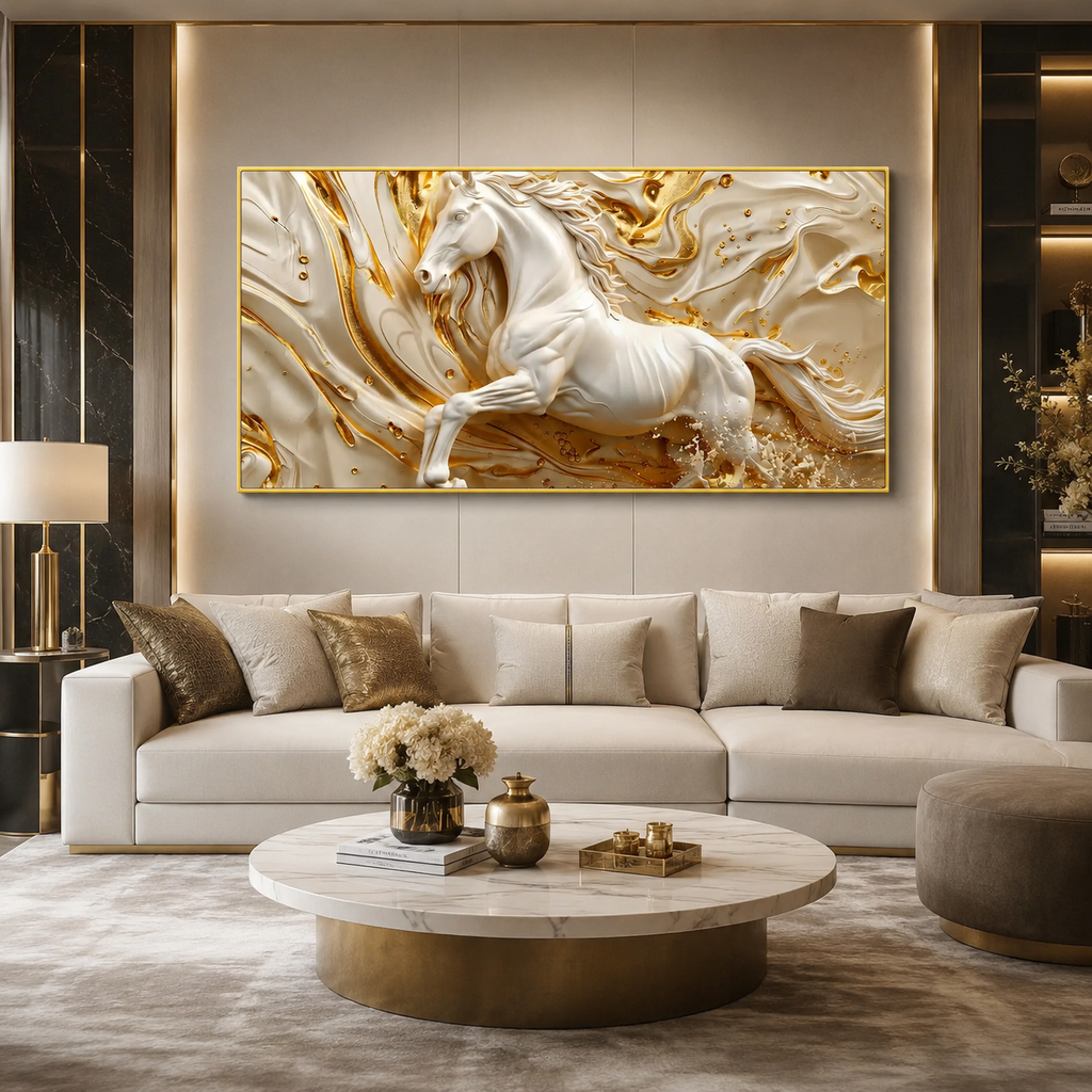 Luxury White Horse Acrylic Wall Art with Golden Abstract Marble Design for Elegant Living Room