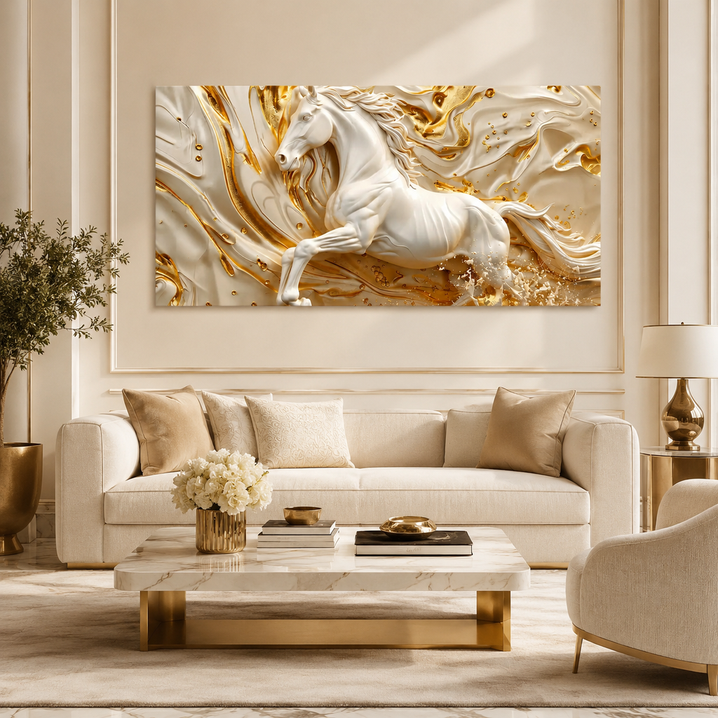 Luxury White Horse Acrylic Wall Art with Golden Abstract Marble Design for Elegant Living Room