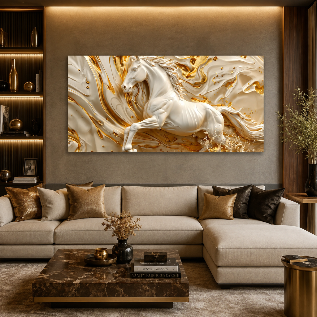 Luxury White Horse Acrylic Wall Art with Golden Abstract Marble Design for Elegant Living Room