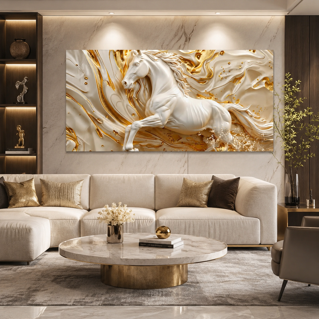 Luxury White Horse Acrylic Wall Art with Golden Abstract Marble Design for Elegant Living Room