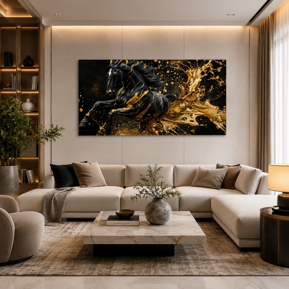 Black Horse Acrylic Wall Art with Gold Splash Effect, Luxury Modern Equestrian Painting for Living Room