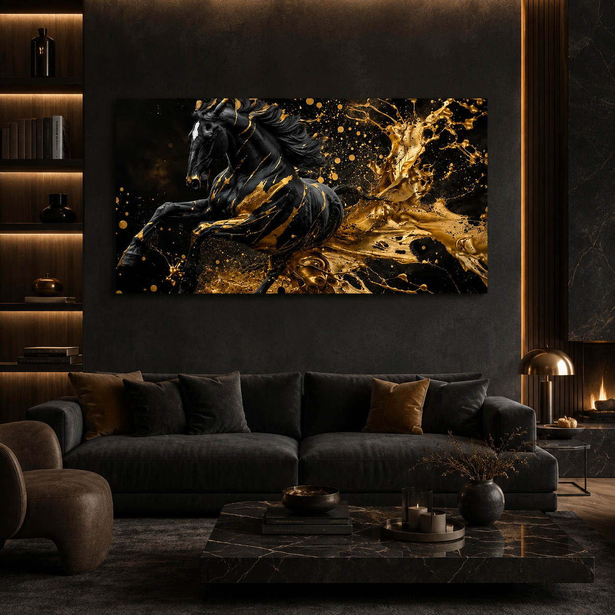 Black Horse Acrylic Wall Art with Gold Splash Effect, Luxury Modern Equestrian Painting for Living Room