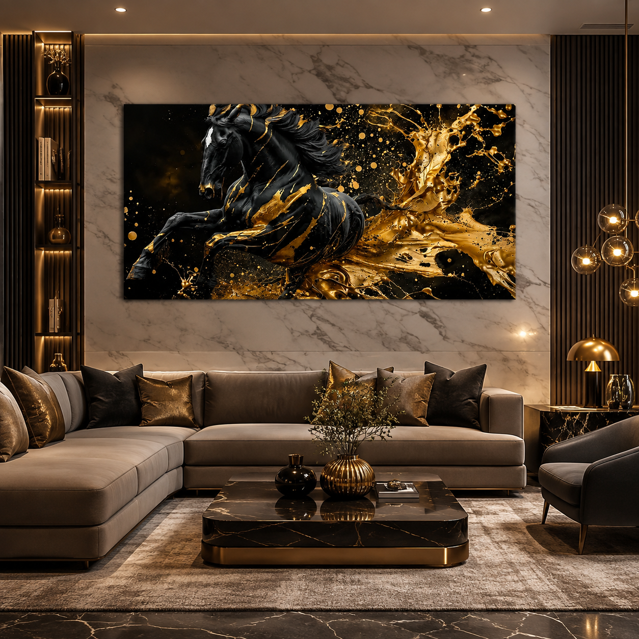 Black Horse Acrylic Wall Art with Gold Splash Effect, Luxury Modern Equestrian Painting for Living Room