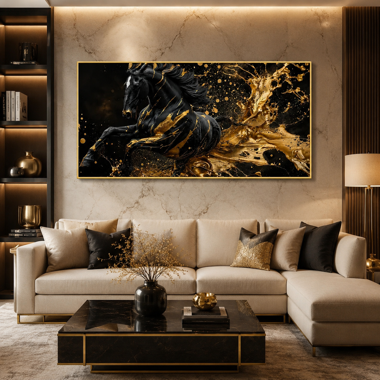 Black Horse Acrylic Wall Art with Gold Splash Effect, Luxury Modern Equestrian Painting for Living Room